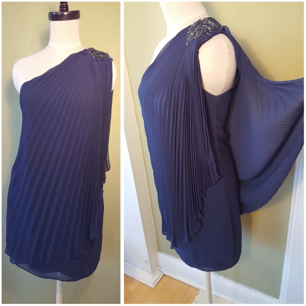 Xscape Mini DRESS Beaded One Shoulder Navy sz 0